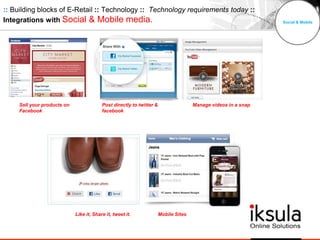 Social & Mobile
Sell your products on
Facebook
Post directly to twitter &
facebook
Manage videos in a snap
Like it, Share it, tweet it. Mobile Sites
:: Building blocks of E-Retail :: Technology :: Technology requirements today ::
Integrations with Social & Mobile media.
 