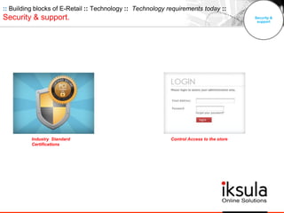 Security &
support
Industry Standard
Certifications
Control Access to the store
:: Building blocks of E-Retail :: Technology :: Technology requirements today ::
Security & support.
 