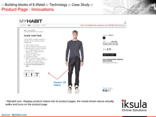 Source: MyHabit.com
• Myhabit.com displays product videos into its product pages, the model shown above actually
walks and turns on the product page
Product 3D
Videos
:: Building blocks of E-Retail :: Technology :: Case Study ::
Product Page : Innovations.
 