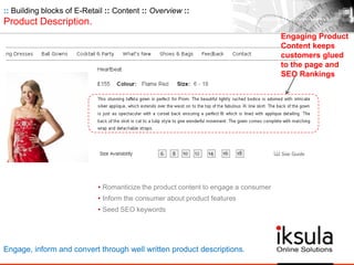 • Romanticize the product content to engage a consumer
• Inform the consumer about product features
• Seed SEO keywords
:: Building blocks of E-Retail :: Content :: Overview ::
Product Description.
Engage, inform and convert through well written product descriptions.
Engaging Product
Content keeps
customers glued
to the page and
SEO Rankings
 