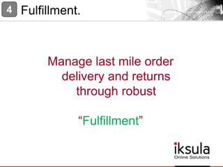 Manage last mile order
delivery and returns
through robust
“Fulfillment”
4 Fulfillment.
 