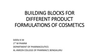 BUILDING BLOCKS FOR
DIFFERENT PRODUCT
FORMULATIONS OF COSMETICS
SIDDU K M
1ST M PHARM
DEPARTMENT OF PHARMACEUTICS
AL AMEEN COLLEGE OF PHARMACY, BENGALURU
 