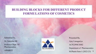 BUILDING BLOCKS FOR DIFFERENT PRODUCT
FORMULATIONS OF COSMETICS
Presented By,
Ajay Lunagariya
ACP22PHCE002
Department of Pharmaceutics
M.Pharm Sem-1 (2022-23) 1
Submitted To,
Dr. Sateesha SB
Professor Dept. Of
Pharmaceutics
ABMRCP
 