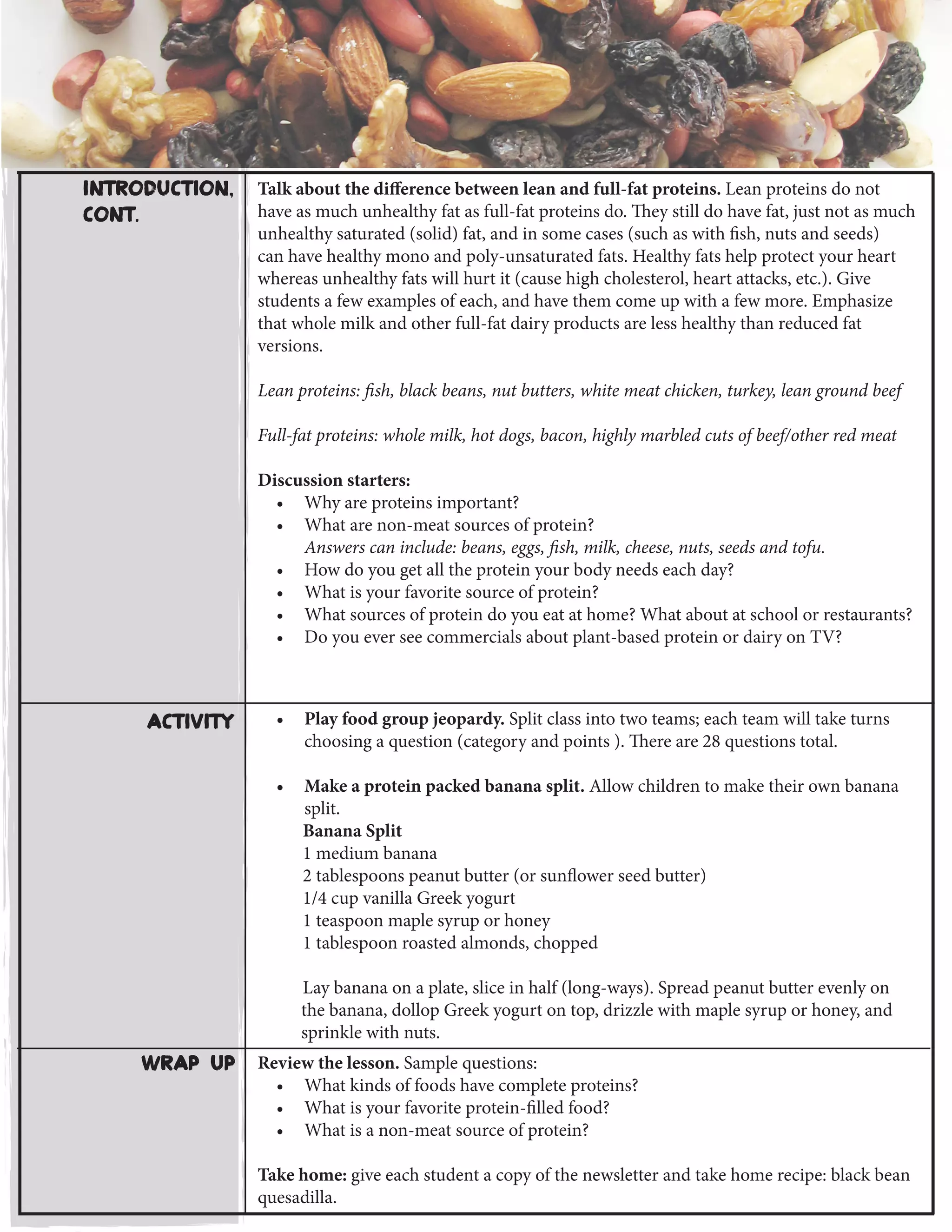 Wrap Up
Activity
Review the lesson. Sample questions:
•	 What kinds of foods have complete proteins?
•	 What is your favorite protein-filled food?
•	 What is a non-meat source of protein?
Take home: give each student a copy of the newsletter and take home recipe: black bean
quesadilla.
•	 Play food group jeopardy. Split class into two teams; each team will take turns
choosing a question (category and points ). There are 28 questions total.
•	 Make a protein packed banana split. Allow children to make their own banana
split.
Banana Split
1 medium banana
2 tablespoons peanut butter (or sunflower seed butter)
1/4 cup vanilla Greek yogurt
1 teaspoon maple syrup or honey
1 tablespoon roasted almonds, chopped
Lay banana on a plate, slice in half (long-ways). Spread peanut butter evenly on
the banana, dollop Greek yogurt on top, drizzle with maple syrup or honey, and
sprinkle with nuts.
Talk about the difference between lean and full-fat proteins. Lean proteins do not
have as much unhealthy fat as full-fat proteins do. They still do have fat, just not as much
unhealthy saturated (solid) fat, and in some cases (such as with fish, nuts and seeds)
can have healthy mono and poly-unsaturated fats. Healthy fats help protect your heart
whereas unhealthy fats will hurt it (cause high cholesterol, heart attacks, etc.). Give
students a few examples of each, and have them come up with a few more. Emphasize
that whole milk and other full-fat dairy products are less healthy than reduced fat
versions.
Lean proteins: fish, black beans, nut butters, white meat chicken, turkey, lean ground beef
Full-fat proteins: whole milk, hot dogs, bacon, highly marbled cuts of beef/other red meat
Discussion starters:
•	 Why are proteins important?
•	 What are non-meat sources of protein?
Answers can include: beans, eggs, fish, milk, cheese, nuts, seeds and tofu.
•	 How do you get all the protein your body needs each day?
•	 What is your favorite source of protein?
•	 What sources of protein do you eat at home? What about at school or restaurants?
•	 Do you ever see commercials about plant-based protein or dairy on TV?
Introduction,
cont.
 