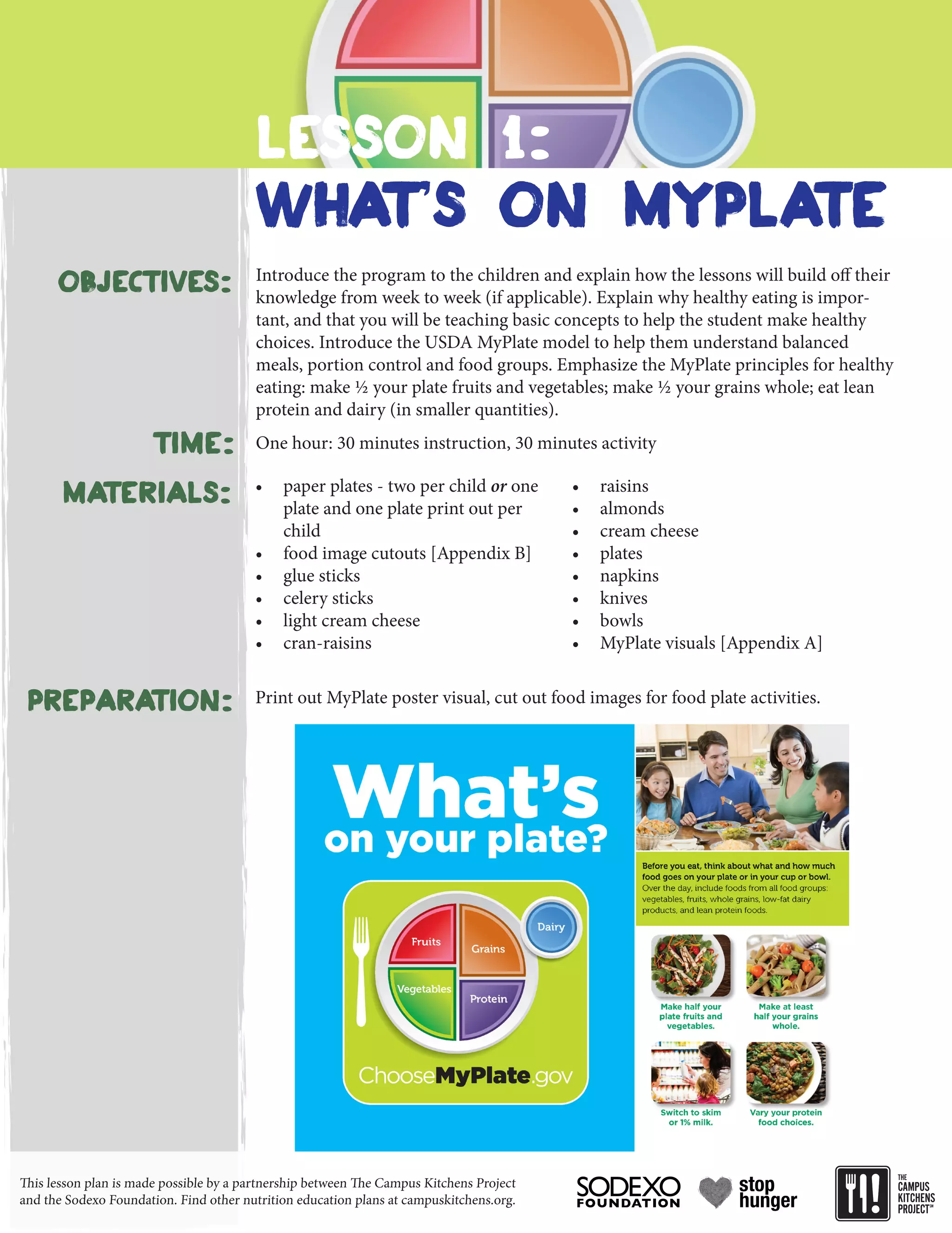 Lesson 1:
What's on MyPlate
Objectives:
Materials:
Introduce the program to the children and explain how the lessons will build off their
knowledge from week to week (if applicable). Explain why healthy eating is impor-
tant, and that you will be teaching basic concepts to help the student make healthy
choices. Introduce the USDA MyPlate model to help them understand balanced
meals, portion control and food groups. Emphasize the MyPlate principles for healthy
eating: make ½ your plate fruits and vegetables; make ½ your grains whole; eat lean
protein and dairy (in smaller quantities).
•	 paper plates - two per child or one
plate and one plate print out per
child
•	 food image cutouts [Appendix B]
•	 glue sticks
•	 celery sticks
•	 light cream cheese
•	 cran-raisins
•	 raisins
•	 almonds
•	 cream cheese
•	 plates
•	 napkins
•	 knives
•	 bowls
•	 MyPlate visuals [Appendix A]
Preparation: Print out MyPlate poster visual, cut out food images for food plate activities.
Time: One hour: 30 minutes instruction, 30 minutes activity
This lesson plan is made possible by a partnership between The Campus Kitchens Project
and the Sodexo Foundation. Find other nutrition education plans at campuskitchens.org.
 