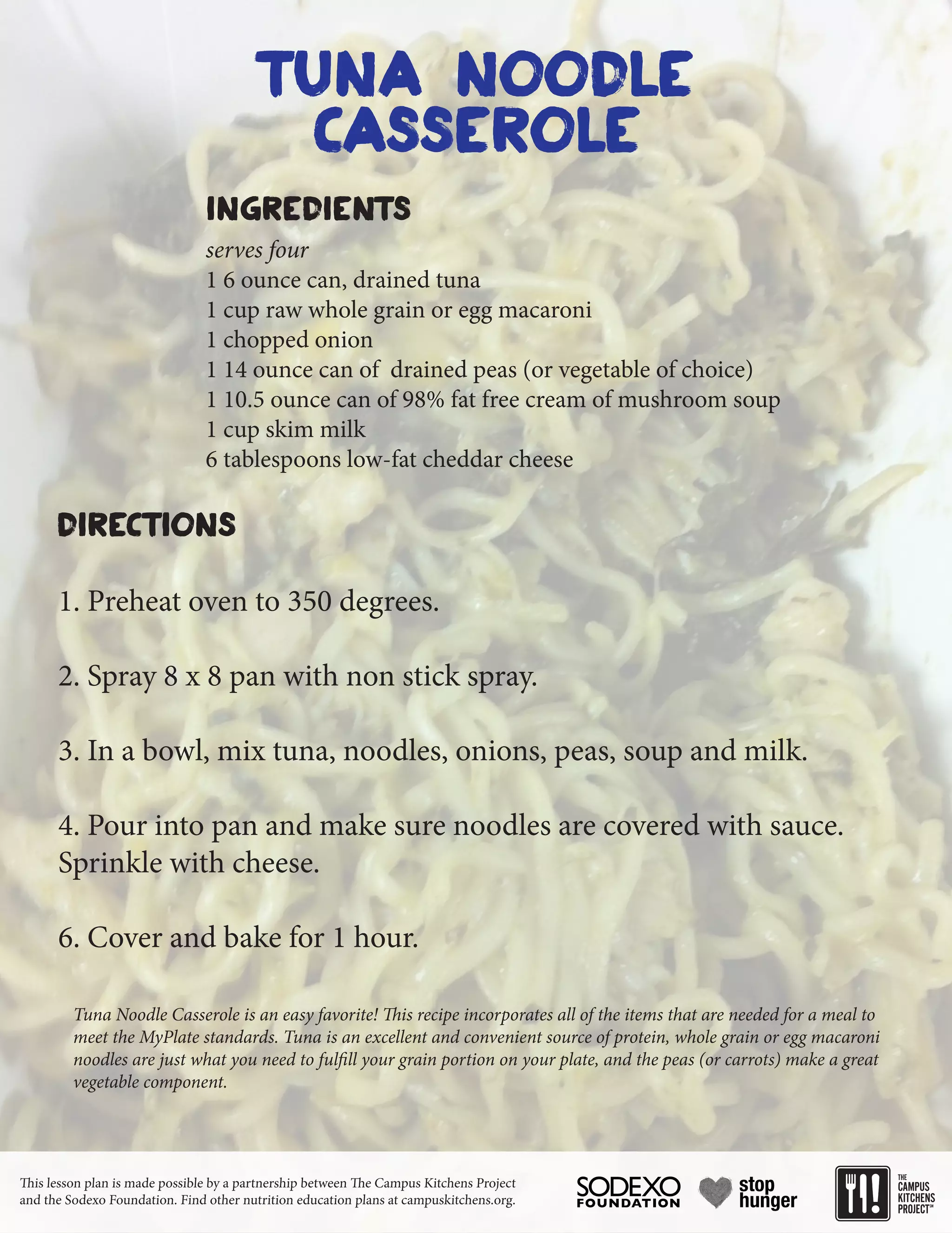 Tuna Noodle
casserole
1 6 ounce can, drained tuna
1 cup raw whole grain or egg macaroni
1 chopped onion
1 14 ounce can of drained peas (or vegetable of choice)
1 10.5 ounce can of 98% fat free cream of mushroom soup
1 cup skim milk
6 tablespoons low-fat cheddar cheese
1. Preheat oven to 350 degrees.
2. Spray 8 x 8 pan with non stick spray.
3. In a bowl, mix tuna, noodles, onions, peas, soup and milk.
4. Pour into pan and make sure noodles are covered with sauce.
Sprinkle with cheese.
6. Cover and bake for 1 hour.
Ingredients
Directions
serves four
Tuna Noodle Casserole is an easy favorite! This recipe incorporates all of the items that are needed for a meal to
meet the MyPlate standards. Tuna is an excellent and convenient source of protein, whole grain or egg macaroni
noodles are just what you need to fulfill your grain portion on your plate, and the peas (or carrots) make a great
vegetable component.
This lesson plan is made possible by a partnership between The Campus Kitchens Project
and the Sodexo Foundation. Find other nutrition education plans at campuskitchens.org.
 
