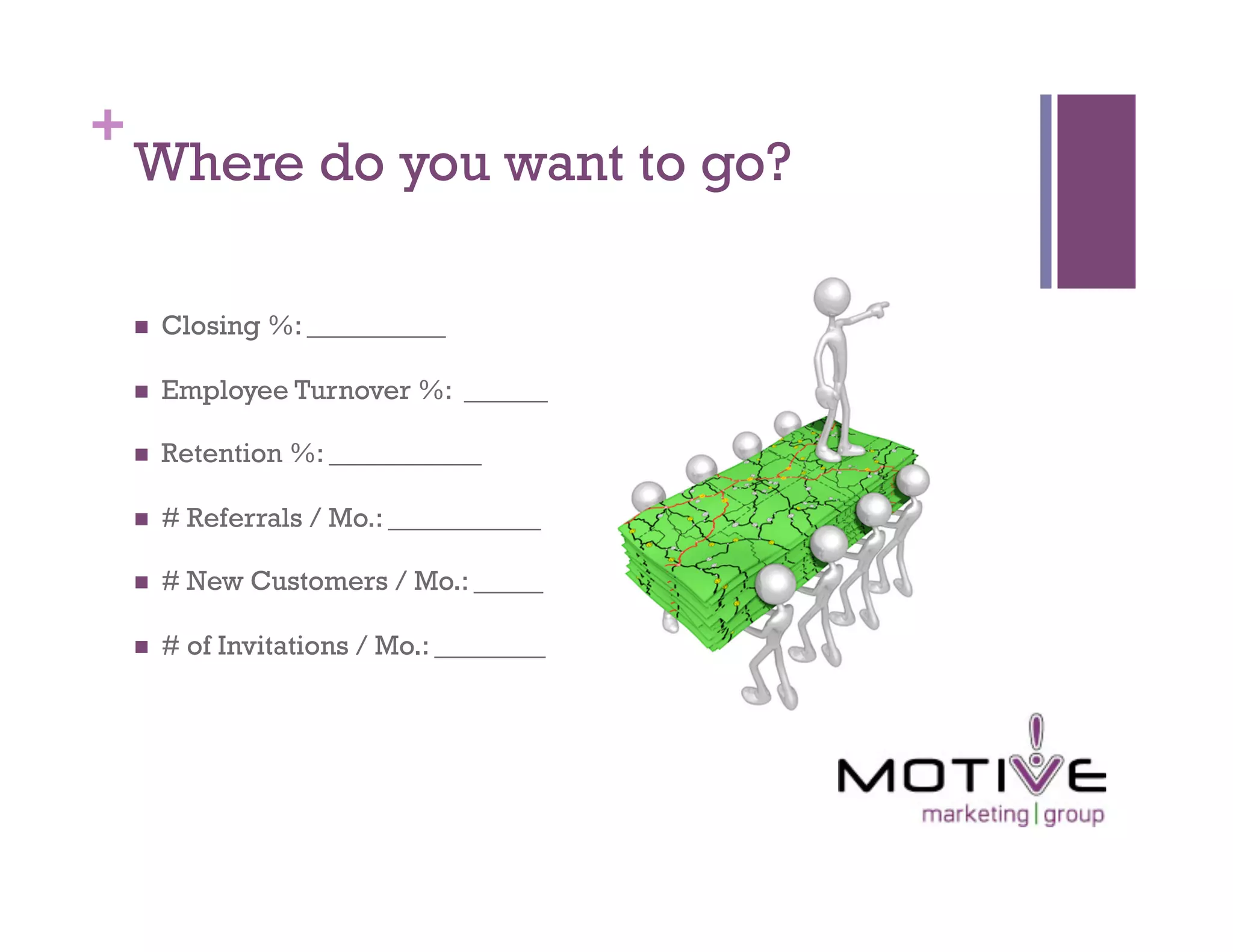 +
    Where do you want to go?

        Closing %: __________

        Employee Turnover %: ______

        Retention %: ___________

        # Referrals / Mo.: ___________

        # New Customers / Mo.: _____

        # of Invitations / Mo.: ________
 
