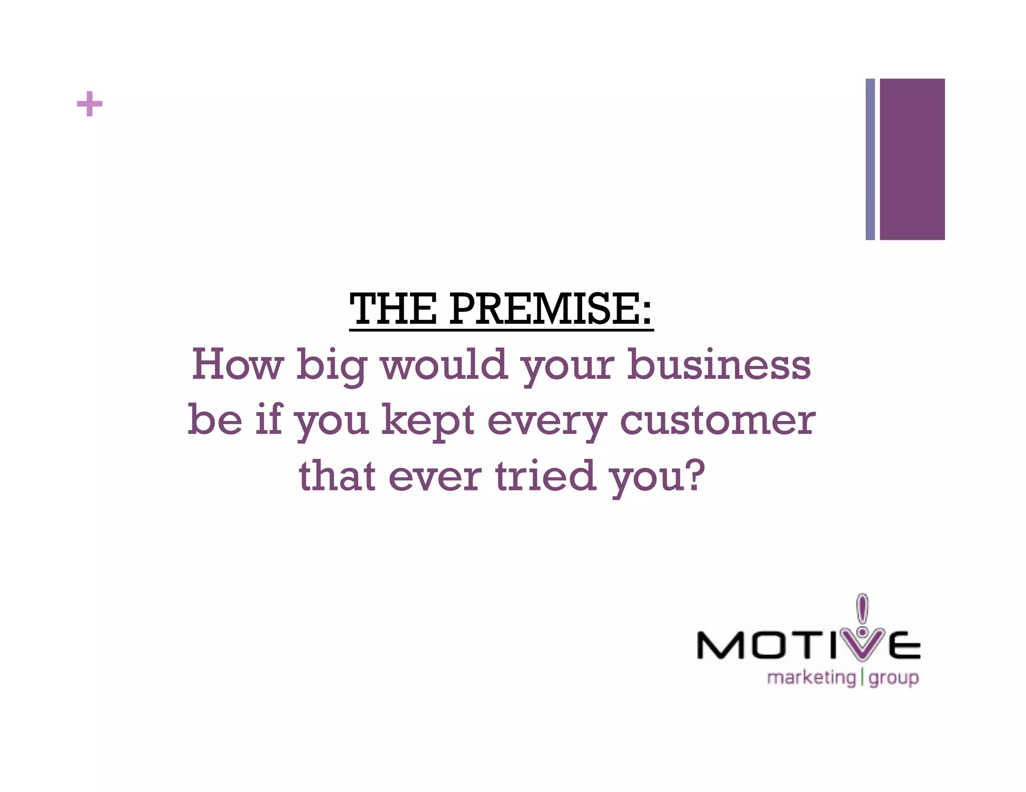 +



            THE PREMISE:
    How big would your business
    be if you kept every customer
          that ever tried you?
 