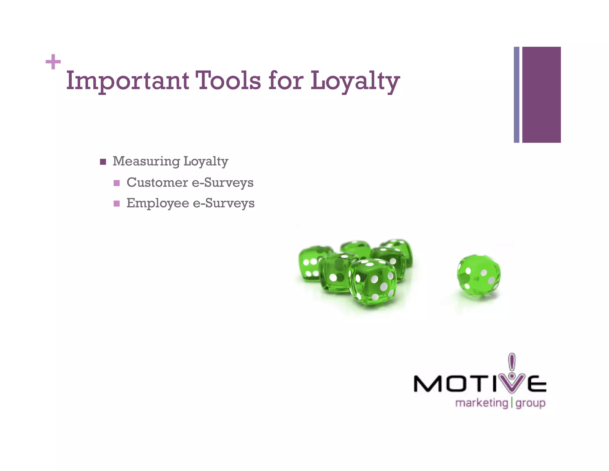+
    Important Tools for Loyalty

          Measuring Loyalty
               Customer e-Surveys
               Employee e-Surveys
 
