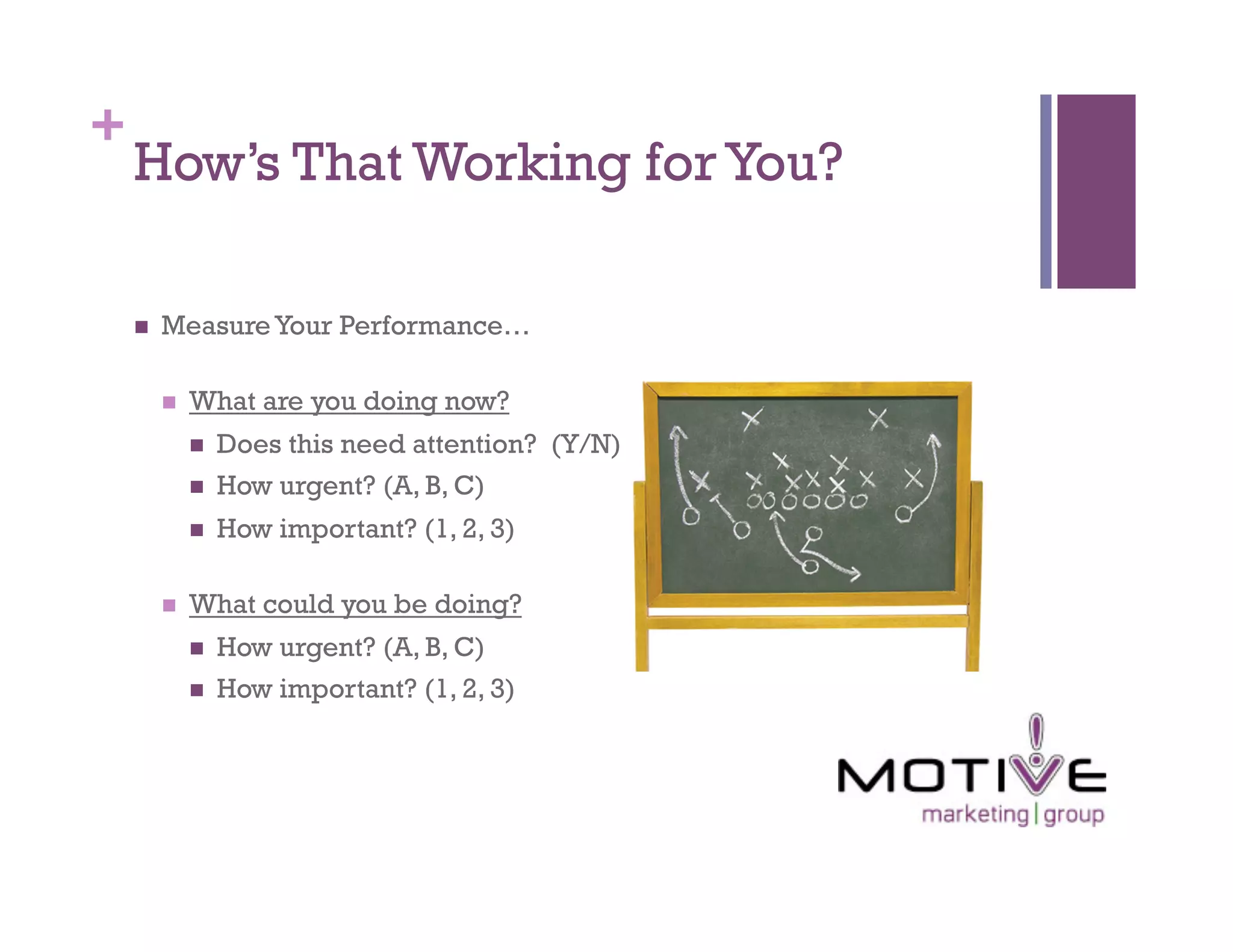 +
    How’s That Working for You?

        Measure Your Performance…

             What are you doing now?
                  Does this need attention? (Y/N)
                  How urgent? (A, B, C)
                  How important? (1, 2, 3)

             What could you be doing?
                  How urgent? (A, B, C)
                  How important? (1, 2, 3)
 