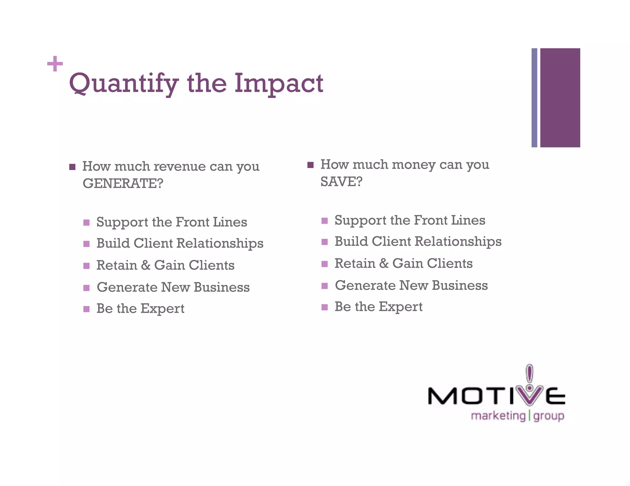 +
    Quantify the Impact

        How much revenue can you              How much money can you
         GENERATE?                              SAVE?

             Support the Front Lines               Support the Front Lines
             Build Client Relationships            Build Client Relationships
             Retain & Gain Clients                 Retain & Gain Clients
             Generate New Business                 Generate New Business
             Be the Expert                         Be the Expert
 