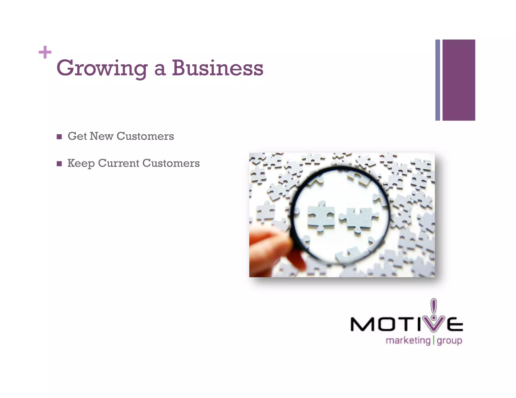 +
    Growing a Business

        Get New Customers

        Keep Current Customers
 