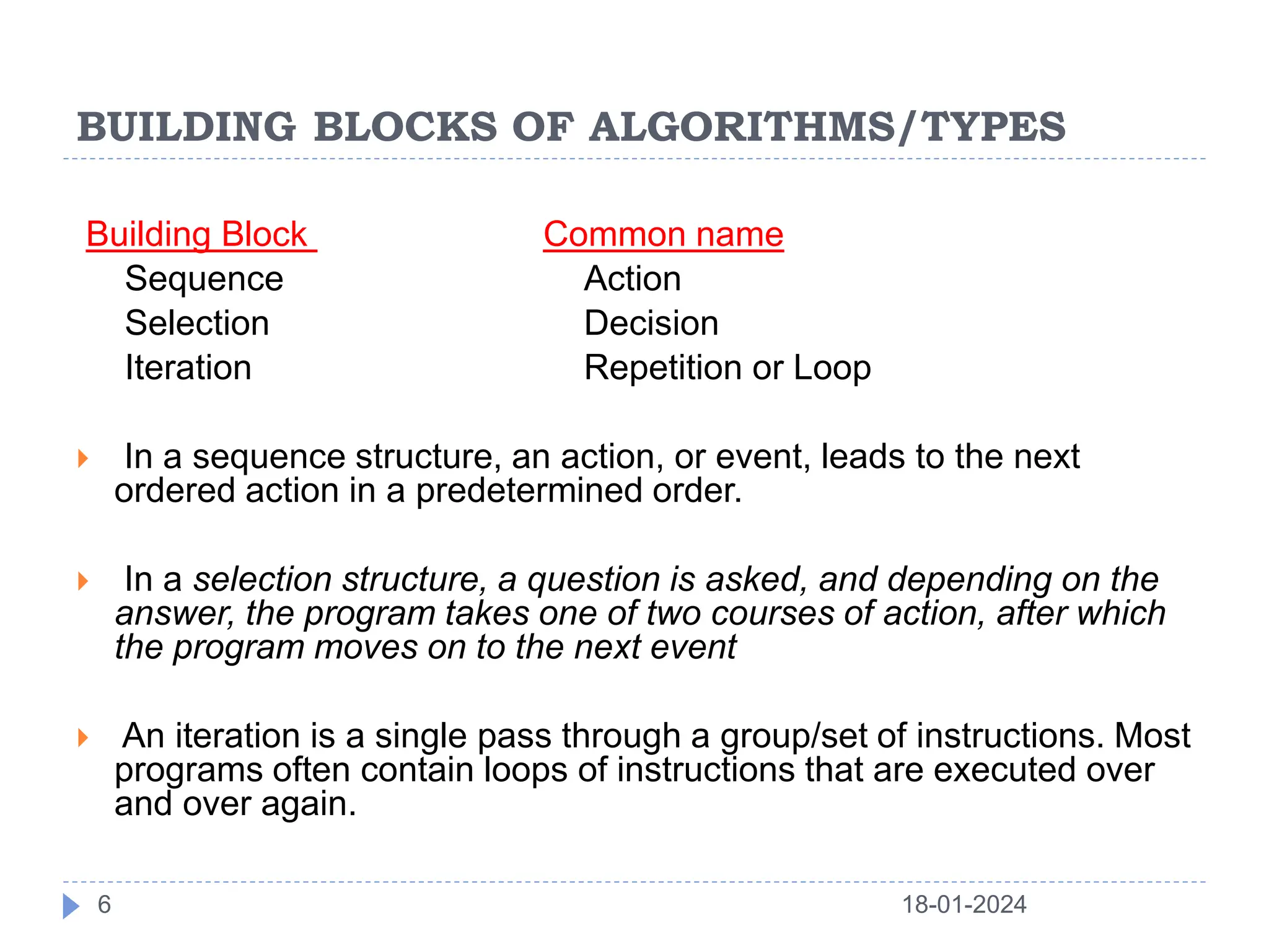 BUILDING BLOCKS OF ALGORITHMS/TYPES
18-01-2024
6
Building Block Common name
Sequence Action
Selection Decision
Iteration Repetition or Loop
 In a sequence structure, an action, or event, leads to the next
ordered action in a predetermined order.
 In a selection structure, a question is asked, and depending on the
answer, the program takes one of two courses of action, after which
the program moves on to the next event
 An iteration is a single pass through a group/set of instructions. Most
programs often contain loops of instructions that are executed over
and over again.
 