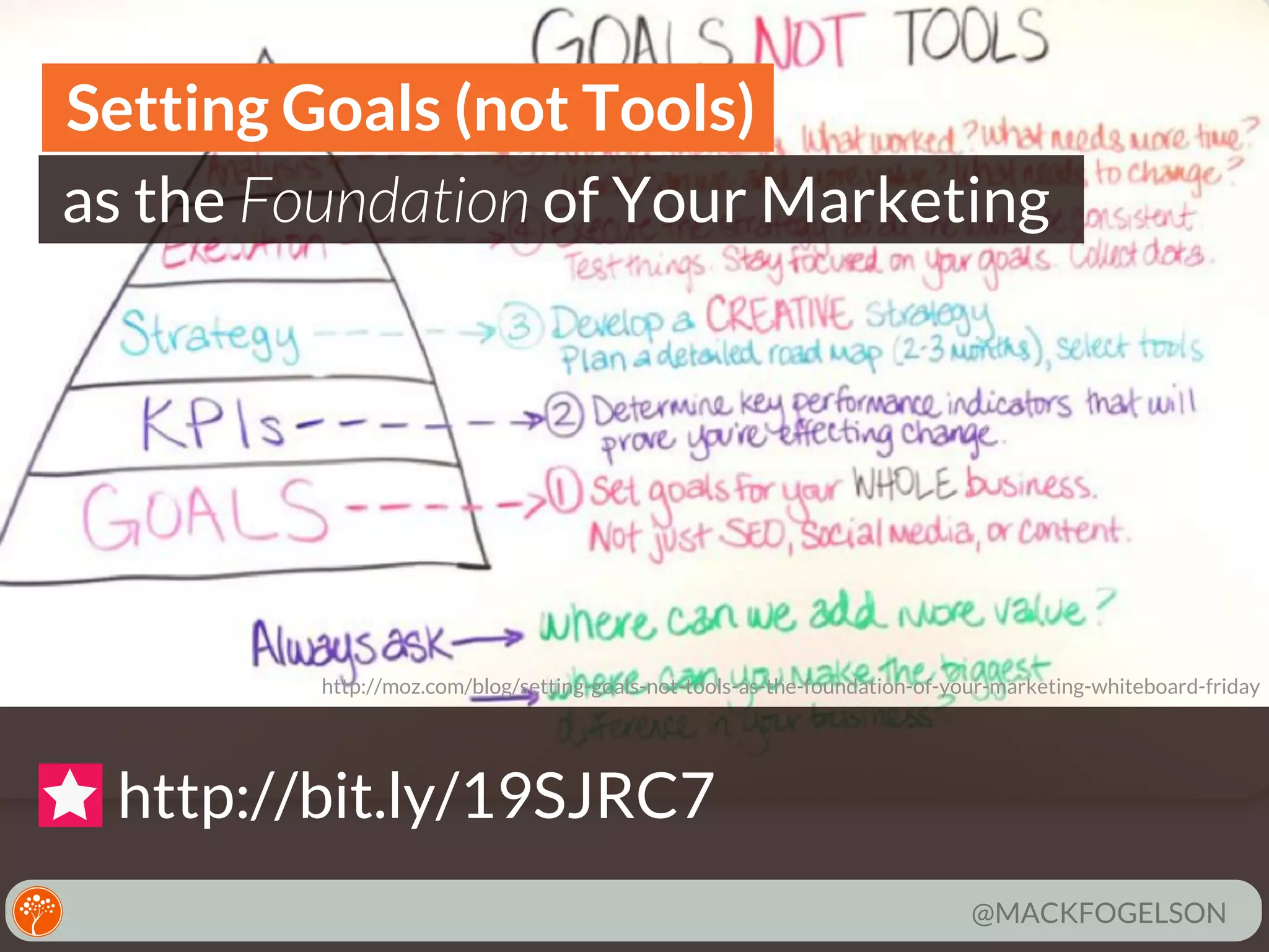 Setting Goals (not Tools)
as the Foundation of Your Marketing

http://moz.com/blog/setting-goals-not-tools-as-the-foundation-of-your-marketing-whiteboard-friday

http://bit.ly/19SJRC7
@MACKFOGELSON

 