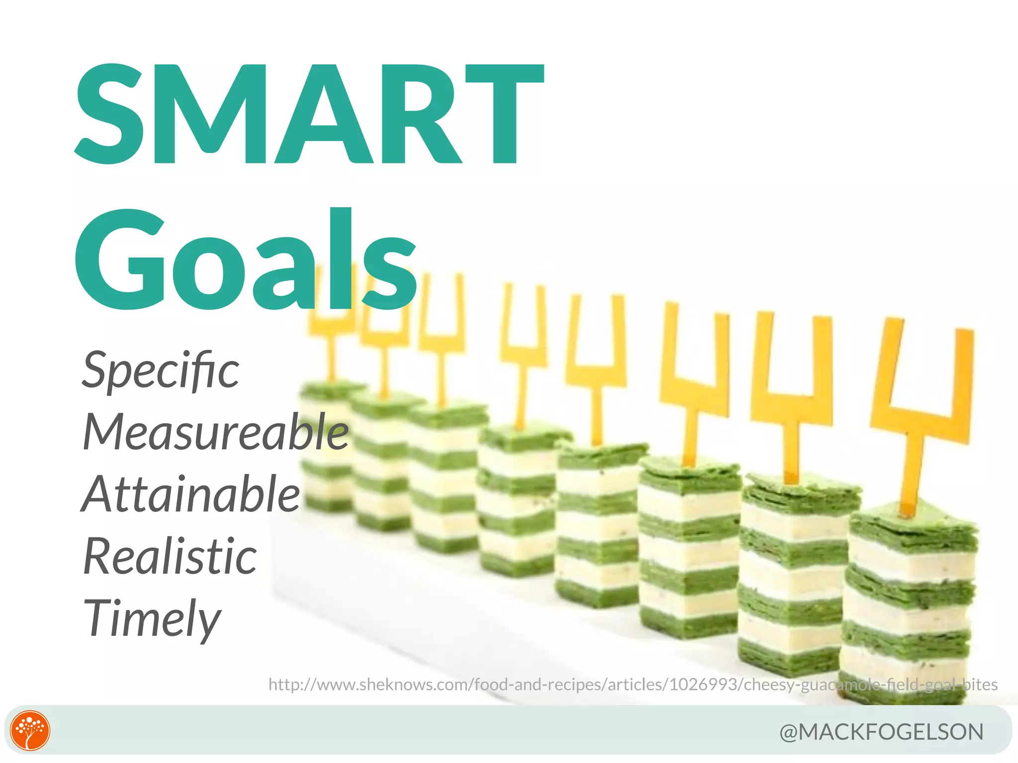 SMART
Goals
Speciﬁc
Measureable
Attainable
Realistic
Timely

http://www.sheknows.com/food-and-recipes/articles/1026993/cheesy-guacamole-ﬁeld-goal-bites

@MACKFOGELSON

 