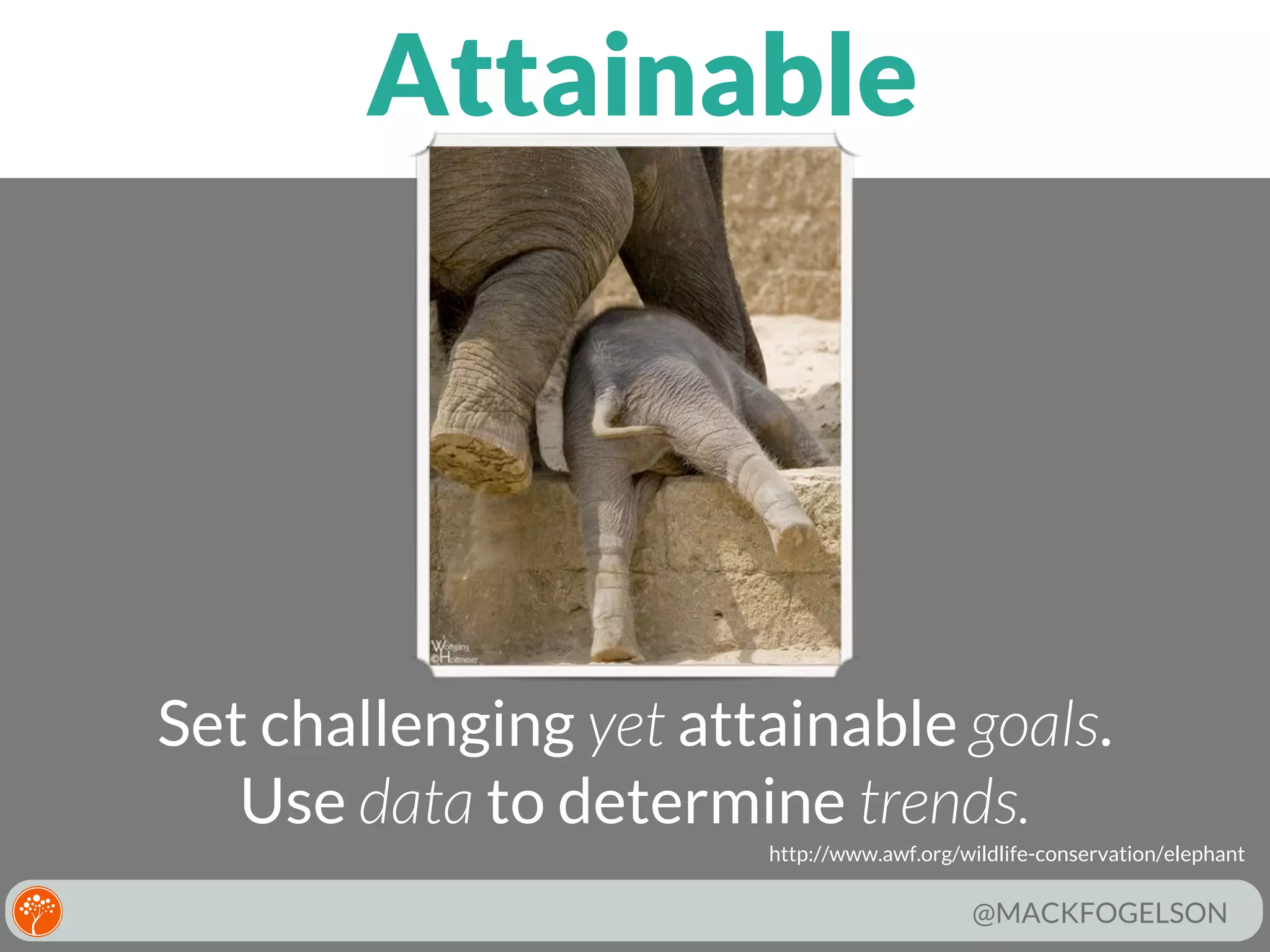 Attainable

Set challenging yet attainable goals.
Use data to determine trends.
http://www.awf.org/wildlife-conservation/elephant

@MACKFOGELSON

 