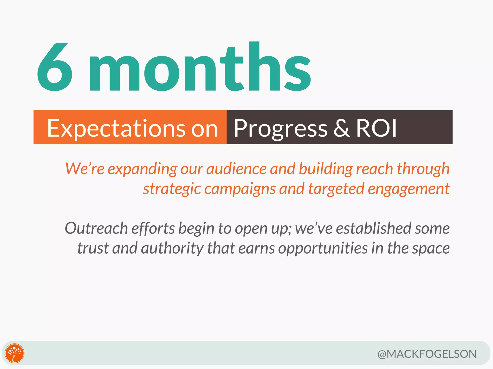 6 months
Expectations on Progress & ROI
We’re expanding our audience and building reach through
strategic campaigns and targeted engagement
Outreach efforts begin to open up; we’ve established some
trust and authority that earns opportunities in the space

@MACKFOGELSON

 