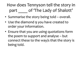 How does Tennyson tell the story in
  part ____ of ‘The Lady of Shalott’
• Summarise the story being told – overall.
• Use the diamond 9 you have created to
  order your information.
• Ensure that you are using quotations form
  the poem to support and analyse – but
  connect these to the way/s that the story is
  being told.
 