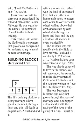 said, “I and My Father are           wife are to love each other
one” (Jn. 10:30).                    with the kind of unreserved
   Jesus came to earth to            love that leads them to
carry out in exact detail the        honor each other, to esteem
will and plan of the Father.         each other, to consider each
Although He was equal to             other’s welfare above their
the Father, He submitted             own, and to stay by each
Himself to the Father’s              other’s side through the
leading.                             highs and lows and the ups
   This relationship within          and downs that come in
the Godhead is the pattern           every married life.
that provides a background               The husband was told
for understanding heaven’s           specifically in the Bible to
pattern for marriage.                love his wife. Paul said it
                                     succinctly in Colossians
BUILDING BLOCK 5:                    3:19, “Husbands, love your
Unreserved Love                      wives” (see also Eph. 5:25).
                                         The wife also is expected
                                     to love her husband. You
                                     will remember, for example,
                                     that the older women of
                                     Crete were told to instruct
         5                           the younger women to “love
                                     their husbands” (Ti. 2:4).
     1       2     3      4              The love between a
                                     husband and wife that
The fifth building block for a       grows through the years of
strong marriage is love—             marriage does not happen
genuine, heartfelt, through-         automatically with the
thick-and-thin, till-death-us-       saying of the vows or the
do-part love. A husband and          giving of a ring. It must be
14
                 © RBC Ministries. All rights reserved.
 