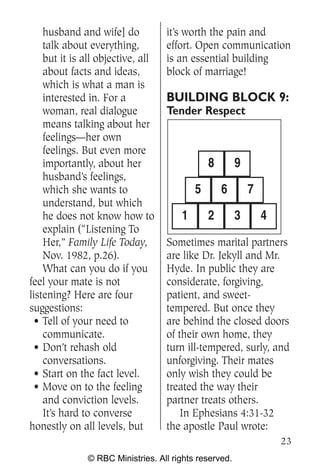 husband and wife] do           it’s worth the pain and
    talk about everything,         effort. Open communication
    but it is all objective, all   is an essential building
    about facts and ideas,         block of marriage!
    which is what a man is
    interested in. For a           BUILDING BLOCK 9:
    woman, real dialogue           Tender Respect
    means talking about her
    feelings—her own
    feelings. But even more
    importantly, about her                    8        9
    husband’s feelings,
    which she wants to                    5       6        7
    understand, but which
    he does not know how to           1       2        3       4
    explain (“Listening To
    Her,” Family Life Today,       Sometimes marital partners
    Nov. 1982, p.26).              are like Dr. Jekyll and Mr.
    What can you do if you         Hyde. In public they are
feel your mate is not              considerate, forgiving,
listening? Here are four           patient, and sweet-
suggestions:                       tempered. But once they
  • Tell of your need to           are behind the closed doors
    communicate.                   of their own home, they
  • Don’t rehash old               turn ill-tempered, surly, and
    conversations.                 unforgiving. Their mates
  • Start on the fact level.       only wish they could be
  • Move on to the feeling         treated the way their
    and conviction levels.         partner treats others.
    It’s hard to converse              In Ephesians 4:31-32
honestly on all levels, but        the apostle Paul wrote:
                                                                   23
              © RBC Ministries. All rights reserved.
 