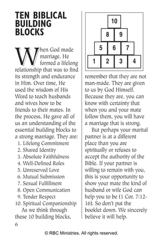 TEN BIBLICAL                                      10
BUILDING
BLOCKS                                        8        9

                                          5       6        7

W
             hen God made
             marriage, He
             formed a lifelong        1       2        3       4
relationship that was to find
its strength and endurance        remember that they are not
in Him. Over time, He             man-made. They are given
used the wisdom of His            to us by God Himself.
Word to teach husbands            Because they are, you can
and wives how to be               know with certainty that
friends to their mates. In        when you and your mate
the process, He gave all of       follow them, you will have
us an understanding of the        a marriage that is strong.
essential building blocks to          But perhaps your marital
a strong marriage. They are:      partner is at a different
  1. Lifelong Commitment          place than you are
  2. Shared Identity              spiritually or refuses to
  3. Absolute Faithfulness        accept the authority of the
  4. Well-Defined Roles           Bible. If your partner is
  5. Unreserved Love              willing to remain with you,
  6. Mutual Submission            this is your opportunity to
  7. Sexual Fulfillment           show your mate the kind of
  8. Open Communication           husband or wife God can
  9. Tender Respect               help you to be (1 Cor. 7:12-
10. Spiritual Companionship       16). So don’t put the
    As we think through           booklet down. We sincerely
these 10 building blocks,         believe it will help.
6
              © RBC Ministries. All rights reserved.
 