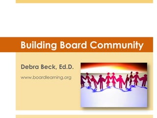 Building Board Community
Debra Beck, Ed.D.
www.boardlearning.org
 