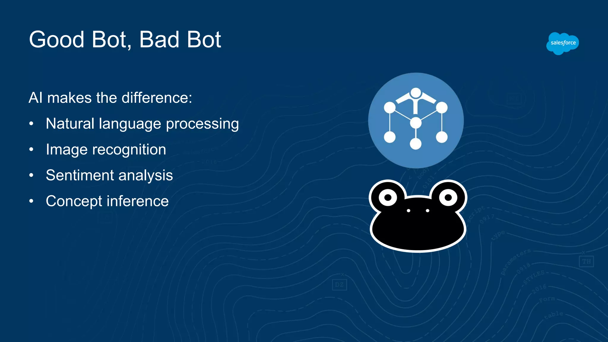 Good Bot, Bad Bot
AI makes the difference:
• Natural language processing
• Image recognition
• Sentiment analysis
• Concept inference
 