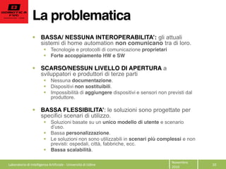 La problematica
Novembre  
2010  
10  
gli attuali
sistemi di home automation non comunicano tra di loro.
Tecnologie e protocolli di comunicazione proprietari
Forte accoppiamento HW e SW
SCARSO/NESSUN LIVELLO DI APERTURA a
sviluppatori e produttori di terze parti
Nessuna documentazione.
Dispositivi non sostituibili.
Impossibilità di aggiungere dispositivi e sensori non previsti dal
produttore.
: le soluzioni sono progettate per
specifici scenari di utilizzo.
Soluzioni basate su un unico modello di utente e scenario
Bassa personalizzazione.
Le soluzioni non sono utilizzabili in scenari più complessi e non
previsti: ospedali, città, fabbriche, ecc.
Bassa scalabilità.
Laboratorio  di  Intelligenza  Artificiale  -­‐  Università  di  Udine  
 