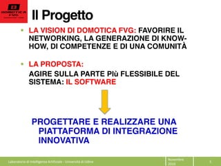 Il Progetto
Novembre  
2010  
5  
LA VISION DI DOMOTICA FVG: FAVORIRE IL
NETWORKING, LA GENERAZIONE DI KNOW-
HOW, DI COMPETENZE E DI UNA COMUNITÀ
LA PROPOSTA:
AGIRE SULLA PARTE PIù FLESSIBILE DEL
SISTEMA: IL SOFTWARE
PROGETTARE E REALIZZARE UNA
PIATTAFORMA DI INTEGRAZIONE
INNOVATIVA
Laboratorio  di  Intelligenza  Artificiale  -­‐  Università  di  Udine  
 