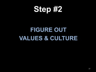 Step #2
FIGURE OUT
VALUES & CULTURE
17
 
