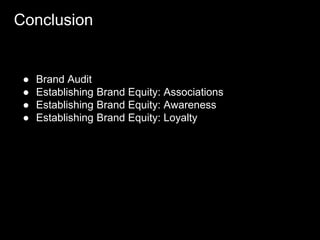 ● Brand Audit
● Establishing Brand Equity: Associations
● Establishing Brand Equity: Awareness
● Establishing Brand Equity: Loyalty
Conclusion
 