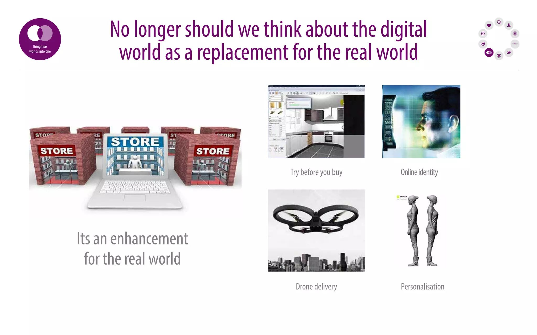 No longer should we think about the digital 
world as a replacement for the real world Bring two 
worlds into one 
Its an enhancement 
for the real world 
Try before you buy 
Drone delivery 
Online identity 
Personalisation 
 
