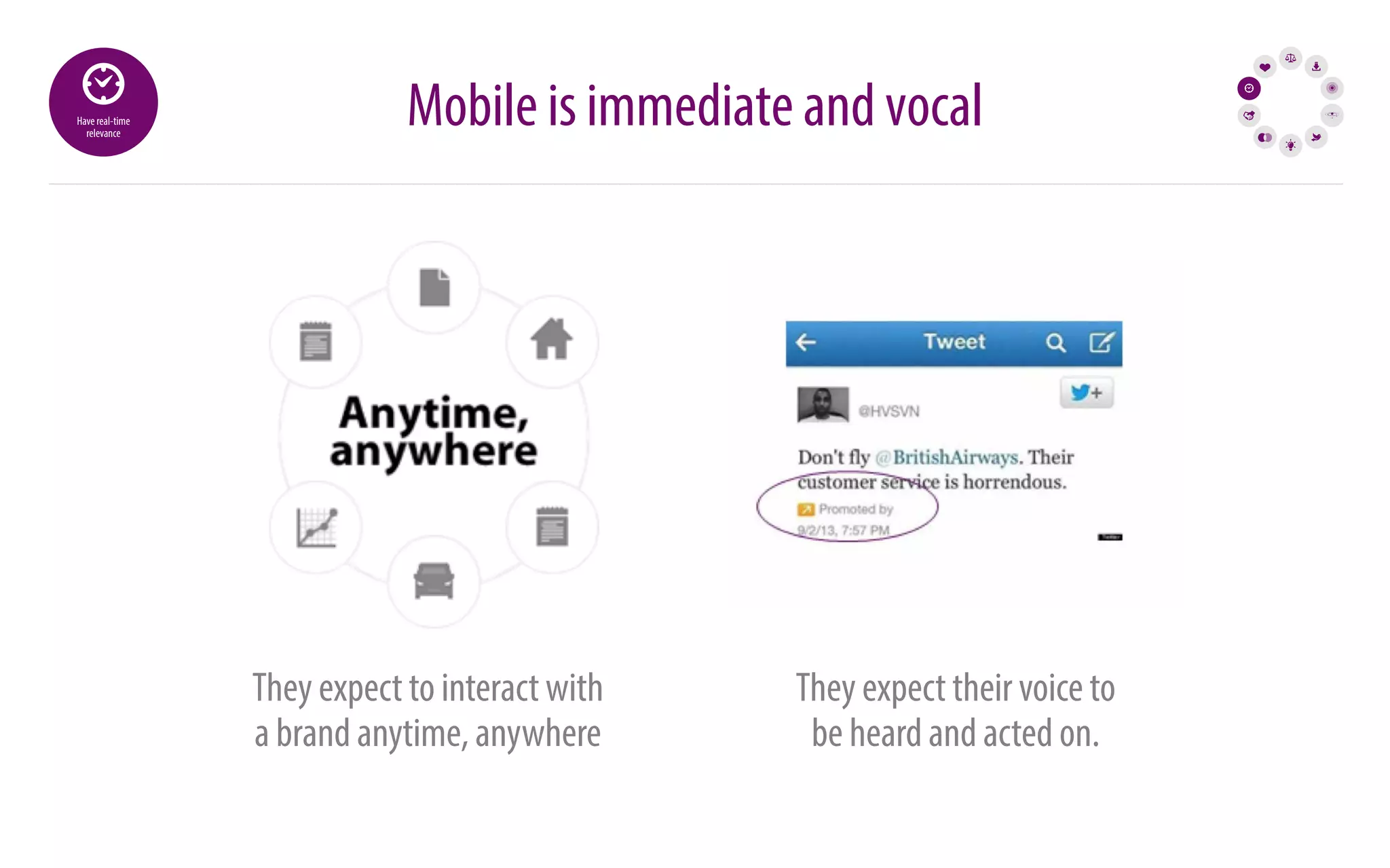 Mobile is immediate and vocal Have real-time 
relevance 
They expect to interact with 
a brand anytime, anywhere 
They expect their voice to 
be heard and acted on. 
 