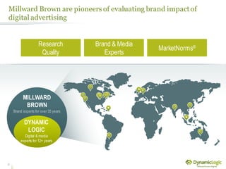 Millward Brown are pioneers of evaluating brand impactof
digital advertising
2
MILLWARD
BROWN
Brand experts for over 35 years
DYNAMIC
LOGIC
Digital & media
experts for 12+ years
MarketNorms®Brand & Media
Experts
Research
Quality
 
