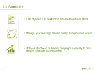 In Summary
31
• If the objective is to build brand, then measure brand effect
• Manage your campaign creative quality, frequencyand format
• Online is effective in multimedia campaigns especially to drive
efficient reach and purchaseintent
 