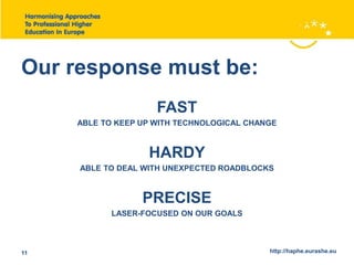 Our response must be: 
FAST 
ABLE TO KEEP UP WITH TECHNOLOGICAL CHANGE 
HARDY 
ABLE TO DEAL WITH UNEXPECTED ROADBLOCKS 
PRECISE 
LASER-FOCUSED ON OUR GOALS 
11 http://haphe.eurashe.eu 
 