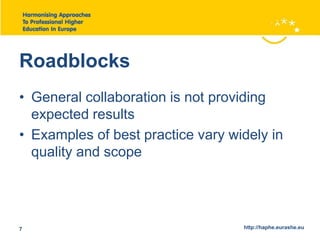 Roadblocks 
• General collaboration is not providing 
expected results 
• Examples of best practice vary widely in 
quality and scope 
7 http://haphe.eurashe.eu 
 