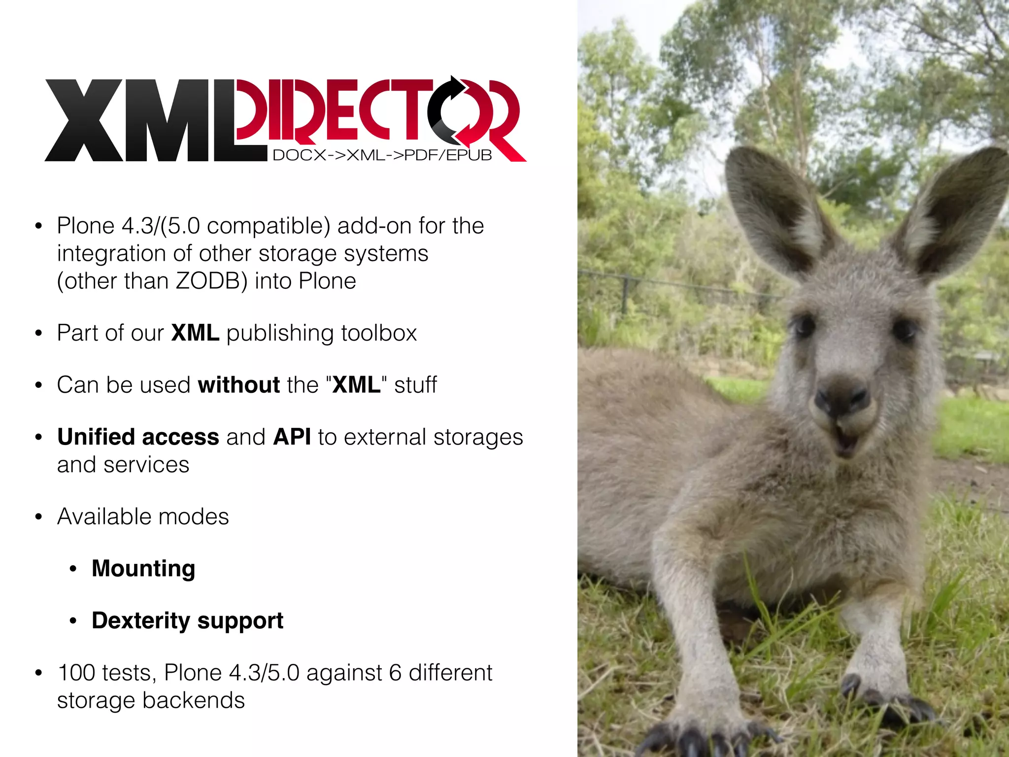 • Plone 4.3/(5.0 compatible) add-on for the
integration of other storage systems  
(other than ZODB) into Plone
• Part of our XML publishing toolbox
• Can be used without the "XML" stuff
• Uniﬁed access and API to external storages
and services
• Available modes
• Mounting
• Dexterity support
• 100 tests, Plone 4.3/5.0 against 6 different
storage backends
 
