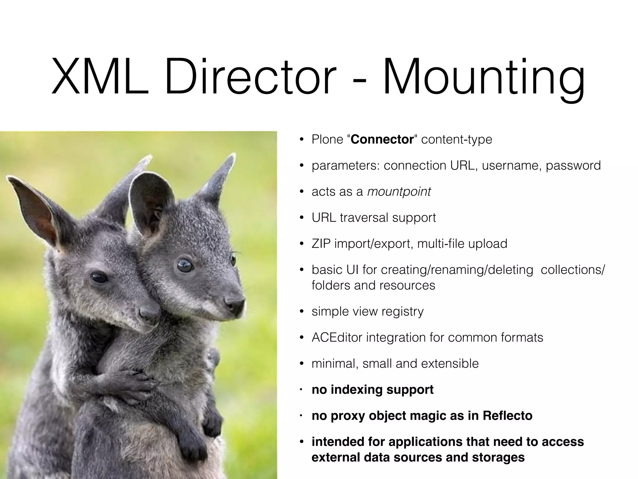 XML Director - Mounting
• Plone "Connector" content-type
• parameters: connection URL, username, password
• acts as a mountpoint
• URL traversal support
• ZIP import/export, multi-ﬁle upload
• basic UI for creating/renaming/deleting collections/
folders and resources
• simple view registry
• ACEditor integration for common formats
• minimal, small and extensible
• no indexing support
• no proxy object magic as in Reﬂecto
• intended for applications that need to access
external data sources and storages
 