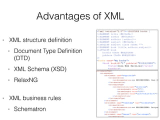 Advantages of XML
• XML structure definition
• Document Type Definition  
(DTD)
• XML Schema (XSD)
• RelaxNG  
• XML business rules
• Schematron
 