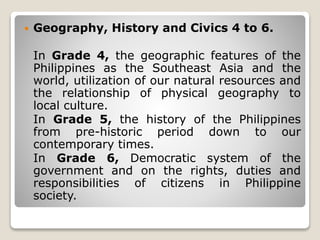  Geography, History and Civics 4 to 6.
In Grade 4, the geographic features of the
Philippines as the Southeast Asia and the
world, utilization of our natural resources and
the relationship of physical geography to
local culture.
In Grade 5, the history of the Philippines
from pre-historic period down to our
contemporary times.
In Grade 6, Democratic system of the
government and on the rights, duties and
responsibilities of citizens in Philippine
society.
 