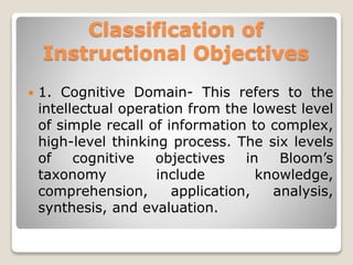 Classification of
Instructional Objectives
 1. Cognitive Domain- This refers to the
intellectual operation from the lowest level
of simple recall of information to complex,
high-level thinking process. The six levels
of cognitive objectives in Bloom’s
taxonomy include knowledge,
comprehension, application, analysis,
synthesis, and evaluation.
 