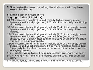 5. Summarize the lesson by asking the students what they have
learned for the day.
6. Singing test in groups of five
Singing rubrics (20 points)
20-19 =correct lyrics, timing and melody (whole song), proper
dynamics and vocal projection, 1-2 mistakes only in lyrics, timing
or melody.
18-16 = correct lyrics, timing and melody (3/4 of the song), proper
dynamics and vocal projection, 3-5 mistakes only in lyrics or
melody.
15-13 = correct lyrics, timing and melody (1/2 of the song), proper
dynamics and vocal projection, 6-9 mistakes (wrong text /
unsteady beat / shaky intonation of melody) but maximum effort
was seen in singing properly.
12-10 = correct lyrics, timing and melody (1/4 of the song), proper
dynamics and vocal projection, 10 or more mistakes (wrong text
/ unsteady beat / shaky intonation of melody) but effort was seen
in singing properly.
9-6 = mostly wrong lyrics, timing and melody but effort was seen.
5-1 = wrong lyrics, timing and melody (whole song) but effort was
seen.
0 = wrong lyrics, timing and melody and no effort was expected.
 
