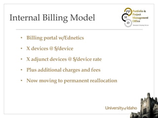 • Billing portal w/Ednetics
• X devices @ $/device
• X adjunct devices @ $/device rate
• Plus additional charges and fees
• Now moving to permanent reallocation
Internal Billing Model
 