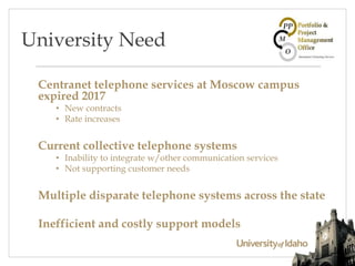 Centranet telephone services at Moscow campus
expired 2017
• New contracts
• Rate increases
Current collective telephone systems
• Inability to integrate w/other communication services
• Not supporting customer needs
Multiple disparate telephone systems across the state
Inefficient and costly support models
University Need
 