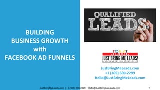 JustBringMeLeads.com | +1 (305) 600-2299 | Hello@JustBringMeLeads.comJustBringMeLeads.com | +1 (305) 600-2299 | Hello@JustBringMeLeads.com
BUILDING
BUSINESS GROWTH
with
FACEBOOK AD FUNNELS
1
JustBringMeLeads.com
+1 (305) 600-2299
Hello@JustBringMeLeads.com
 