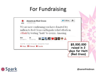 For Fundraising




                   $5,000,000
                   raised in 2
                  days for Haiti
                   (Red Cross)




                        @aaronfriedman
 