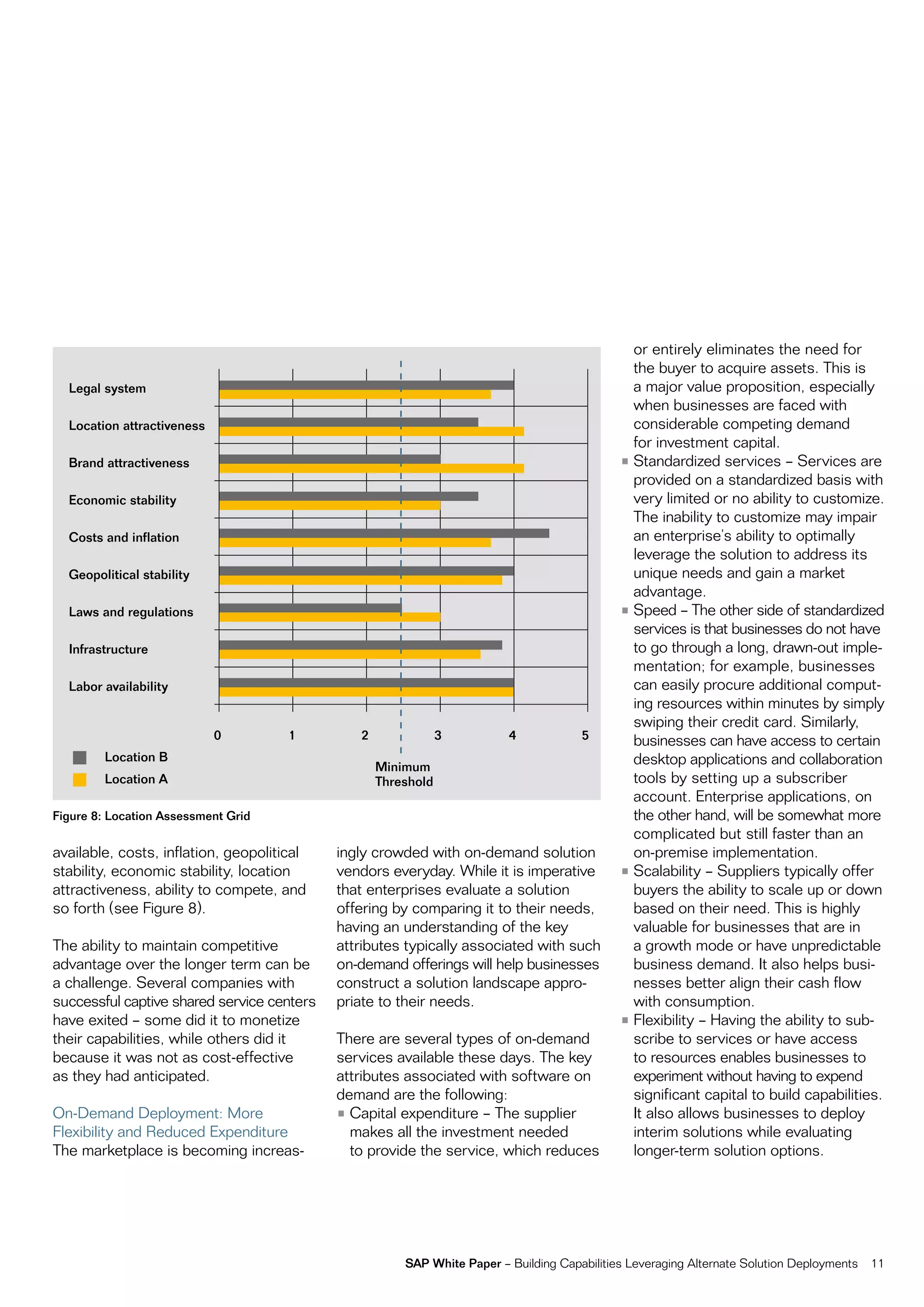 or entirely eliminates the need for
                                                                                               the buyer to acquire assets. this is
  Legal system                                                                                 a major value proposition, especially
                                                                                               when businesses are faced with
  Location attractiveness                                                                      considerable competing demand
                                                                                               for investment capital.
  Brand attractiveness                                                                       • Standardized services – Services are
                                                                                               provided on a standardized basis with
  Economic stability                                                                           very limited or no ability to customize.
                                                                                               the inability to customize may impair
  Costs and inflation                                                                          an enterprise’s ability to optimally
                                                                                               leverage the solution to address its
  Geopolitical stability                                                                       unique needs and gain a market
                                                                                               advantage.
  Laws and regulations                                                                       • Speed – the other side of standardized
                                                                                               services is that businesses do not have
  Infrastructure                                                                               to go through a long, drawn-out imple-
                                                                                               mentation; for example, businesses
  Labor availability                                                                           can easily procure additional comput-
                                                                                               ing resources within minutes by simply
                                                                                               swiping their credit card. Similarly,
                            0         1        2               3         4            5        businesses can have access to certain
        Location B                                                                             desktop applications and collaboration
                                                   Minimum
        Location A                                 Threshold                                   tools by setting up a subscriber
                                                                                               account. enterprise applications, on
Figure 8: Location Assessment Grid                                                             the other hand, will be somewhat more
                                                                                               complicated but still faster than an
available, costs, inflation, geopolitical   ingly crowded with on-demand solution              on-premise implementation.
stability, economic stability, location     vendors everyday. While it is imperative         • Scalability – Suppliers typically offer
attractiveness, ability to compete, and     that enterprises evaluate a solution               buyers the ability to scale up or down
so forth (see figure 8).                    offering by comparing it to their needs,           based on their need. this is highly
                                            having an understanding of the key                 valuable for businesses that are in
the ability to maintain competitive         attributes typically associated with such          a growth mode or have unpredictable
advantage over the longer term can be       on-demand offerings will help businesses           business demand. it also helps busi-
a challenge. Several companies with         construct a solution landscape appro-              nesses better align their cash flow
successful captive shared service centers   priate to their needs.                             with consumption.
have exited – some did it to monetize                                                        • flexibility – Having the ability to sub-
their capabilities, while others did it     there are several types of on-demand               scribe to services or have access
because it was not as cost-effective        services available these days. the key             to resources enables businesses to
as they had anticipated.                    attributes associated with software on             experiment without having to expend
                                            demand are the following:                          significant capital to build capabilities.
on-Demand Deployment: more                  • capital expenditure – the supplier               it also allows businesses to deploy
flexibility and reduced expenditure           makes all the investment needed                  interim solutions while evaluating
the marketplace is becoming increas-          to provide the service, which reduces            longer-term solution options.




                                                       SAP White Paper – Building capabilities Leveraging alternate Solution Deployments   11
 