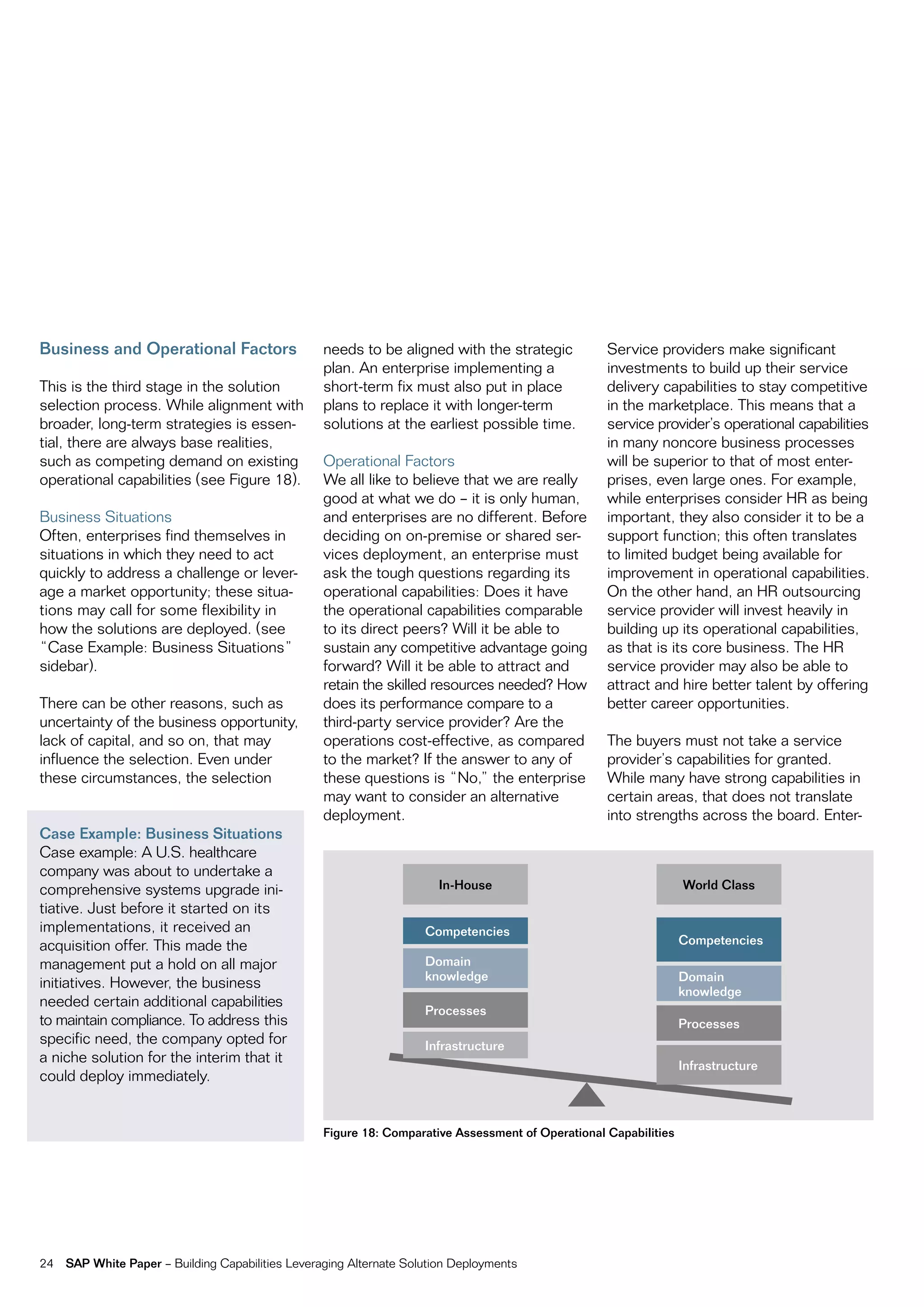 Business and Operational Factors                   needs to be aligned with the strategic           Service providers make significant
                                                   plan. an enterprise implementing a               investments to build up their service
this is the third stage in the solution            short-term fix must also put in place            delivery capabilities to stay competitive
selection process. While alignment with            plans to replace it with longer-term             in the marketplace. this means that a
broader, long-term strategies is essen-            solutions at the earliest possible time.         service provider’s operational capabilities
tial, there are always base realities,                                                              in many noncore business processes
such as competing demand on existing               operational factors                              will be superior to that of most enter-
operational capabilities (see figure 18).          We all like to believe that we are really        prises, even large ones. for example,
                                                   good at what we do – it is only human,           while enterprises consider Hr as being
Business Situations                                and enterprises are no different. Before         important, they also consider it to be a
often, enterprises find themselves in              deciding on on-premise or shared ser-            support function; this often translates
situations in which they need to act               vices deployment, an enterprise must             to limited budget being available for
quickly to address a challenge or lever-           ask the tough questions regarding its            improvement in operational capabilities.
age a market opportunity; these situa-             operational capabilities: Does it have           on the other hand, an Hr outsourcing
tions may call for some flexibility in             the operational capabilities comparable          service provider will invest heavily in
how the solutions are deployed. (see               to its direct peers? Will it be able to          building up its operational capabilities,
“case example: Business Situations”                sustain any competitive advantage going          as that is its core business. the Hr
sidebar).                                          forward? Will it be able to attract and          service provider may also be able to
                                                   retain the skilled resources needed? How         attract and hire better talent by offering
there can be other reasons, such as                does its performance compare to a                better career opportunities.
uncertainty of the business opportunity,           third-party service provider? are the
lack of capital, and so on, that may               operations cost-effective, as compared           the buyers must not take a service
influence the selection. even under                to the market? if the answer to any of           provider’s capabilities for granted.
these circumstances, the selection                 these questions is “no,” the enterprise          While many have strong capabilities in
                                                   may want to consider an alternative              certain areas, that does not translate
                                                   deployment.                                      into strengths across the board. enter-
Case Example: Business Situations
case example: a U.S. healthcare
company was about to undertake a
comprehensive systems upgrade ini-                                     In-House                                    World Class
tiative. just before it started on its
implementations, it received an                                      Competencies
acquisition offer. this made the                                                                                   Competencies
management put a hold on all major                                   Domain
                                                                     knowledge                                     Domain
initiatives. However, the business
                                                                                                                   knowledge
needed certain additional capabilities
                                                                     Processes
to maintain compliance. to address this                                                                            Processes
specific need, the company opted for                                 Infrastructure
a niche solution for the interim that it                                                                           Infrastructure
could deploy immediately.


                                                   Figure 18: Comparative Assessment of Operational Capabilities




24   SAP White Paper – Building capabilities Leveraging alternate Solution Deployments
 