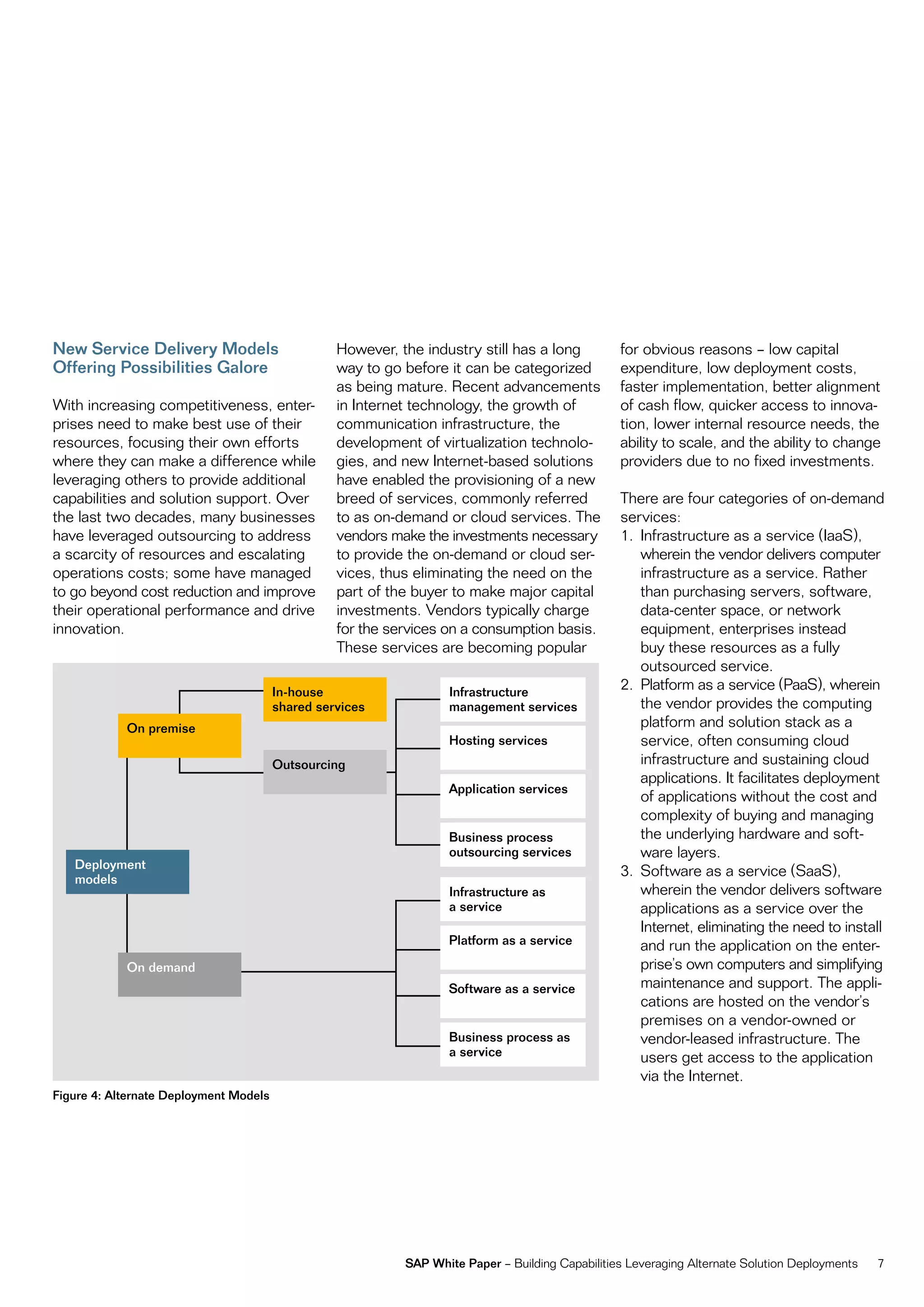 New Service Delivery Models                       However, the industry still has a long          for obvious reasons – low capital
Offering Possibilities Galore                     way to go before it can be categorized          expenditure, low deployment costs,
                                                  as being mature. recent advancements            faster implementation, better alignment
With increasing competitiveness, enter-           in internet technology, the growth of           of cash flow, quicker access to innova-
prises need to make best use of their             communication infrastructure, the               tion, lower internal resource needs, the
resources, focusing their own efforts             development of virtualization technolo-         ability to scale, and the ability to change
where they can make a difference while            gies, and new internet-based solutions          providers due to no fixed investments.
leveraging others to provide additional           have enabled the provisioning of a new
capabilities and solution support. over           breed of services, commonly referred            there are four categories of on-demand
the last two decades, many businesses             to as on-demand or cloud services. the          services:
have leveraged outsourcing to address             vendors make the investments necessary          1. infrastructure as a service (iaaS),
a scarcity of resources and escalating            to provide the on-demand or cloud ser-             wherein the vendor delivers computer
operations costs; some have managed               vices, thus eliminating the need on the            infrastructure as a service. rather
to go beyond cost reduction and improve           part of the buyer to make major capital            than purchasing servers, software,
their operational performance and drive           investments. vendors typically charge              data-center space, or network
innovation.                                       for the services on a consumption basis.           equipment, enterprises instead
                                                  these services are becoming popular                buy these resources as a fully
                                                                                                     outsourced service.
                                        In-house                   Infrastructure
                                                                                                  2. platform as a service (paaS), wherein
                                        shared services            management services               the vendor provides the computing
            On premise                                                                               platform and solution stack as a
                                                                   Hosting services                  service, often consuming cloud
                                        Outsourcing                                                  infrastructure and sustaining cloud
                                                                                                     applications. it facilitates deployment
                                                                   Application services
                                                                                                     of applications without the cost and
                                                                                                     complexity of buying and managing
                                                                   Business process                  the underlying hardware and soft-
                                                                   outsourcing services              ware layers.
   Deployment
   models
                                                                                                  3. Software as a service (SaaS),
                                                                   Infrastructure as                 wherein the vendor delivers software
                                                                   a service                         applications as a service over the
                                                                                                     internet, eliminating the need to install
                                                                   Platform as a service             and run the application on the enter-
            On demand                                                                                prise’s own computers and simplifying
                                                                   Software as a service             maintenance and support. the appli-
                                                                                                     cations are hosted on the vendor’s
                                                                                                     premises on a vendor-owned or
                                                                   Business process as               vendor-leased infrastructure. the
                                                                   a service                         users get access to the application
                                                                                                     via the internet.
Figure 4: Alternate Deployment Models




                                                            SAP White Paper – Building capabilities Leveraging alternate Solution Deployments   7
 